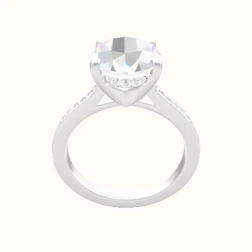 Tapered Channel Set Engagement Ring With V Prong with Hidden Halo Head