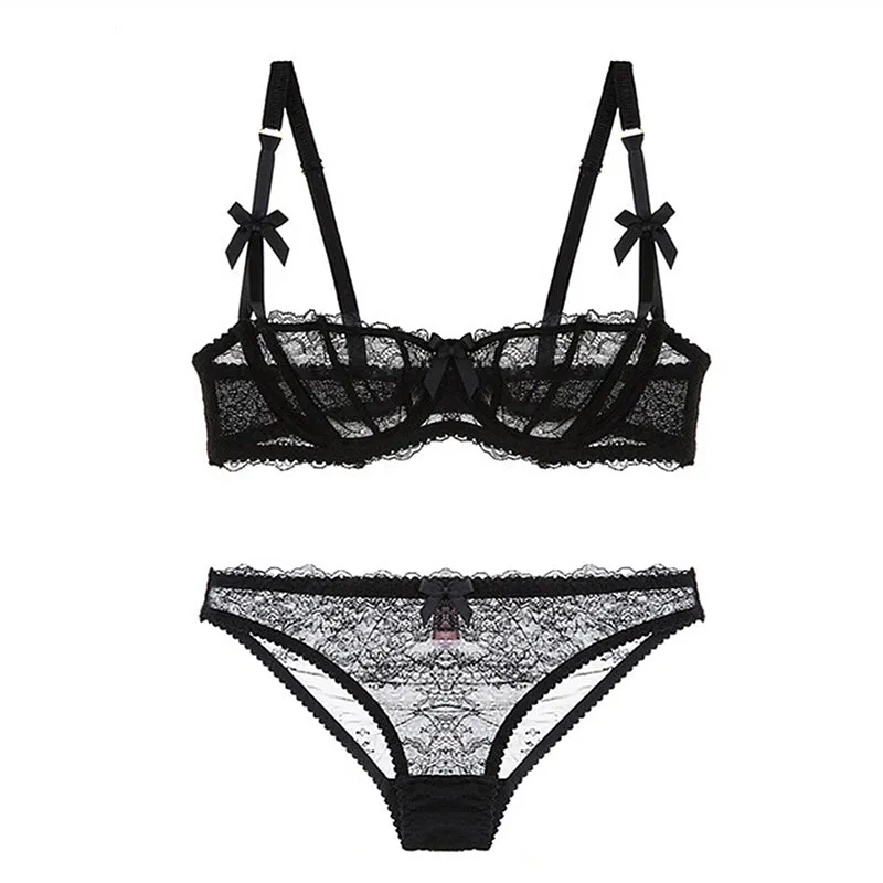 Ultrathin lingerie set plus size bras A B C Cup sexy lace bra set transparent women underwear black embroidery Bow