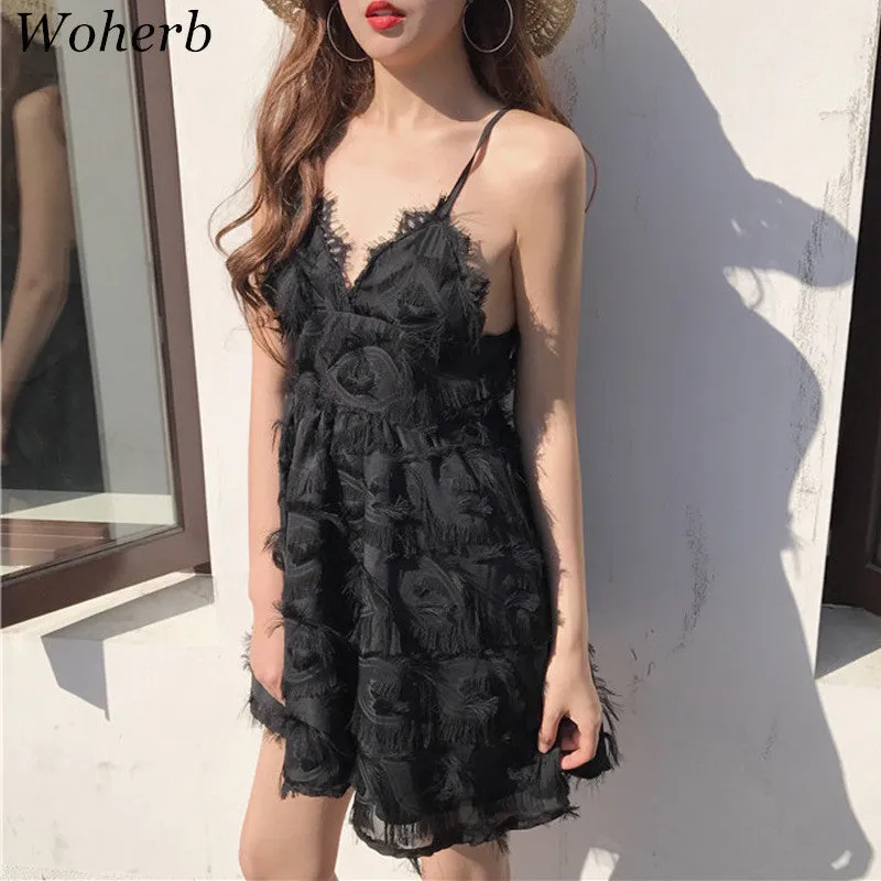 Woherb New  Fashion Beach Dress Vestidos Sexy V-neck Spaghetti Strap Sleeveless Dress Slim Tassel Women Dresses Retro 72738 GS