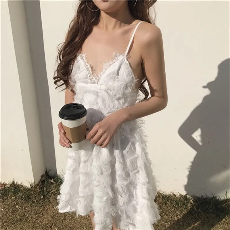 Woherb New  Fashion Beach Dress Vestidos Sexy V-neck Spaghetti Strap Sleeveless Dress Slim Tassel Women Dresses Retro 72738 GS