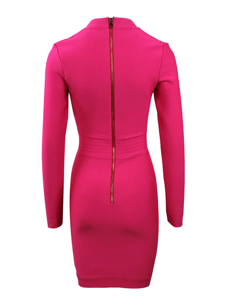 Women Sexy Long Sleeve V Neck Hot Pink Orange Button Winter Bodycon Bandage Dress Elegant Celebrity Evening  Party Dress