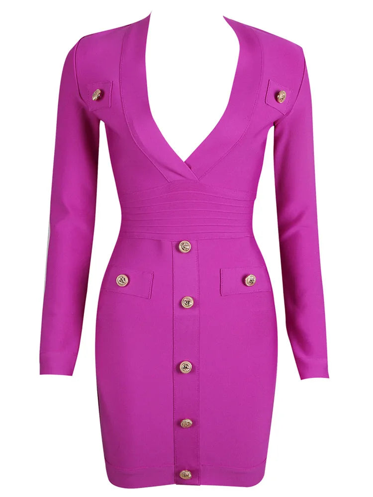 Women Sexy Long Sleeve V Neck Hot Pink Orange Button Winter Bodycon Bandage Dress Elegant Celebrity Evening  Party Dress