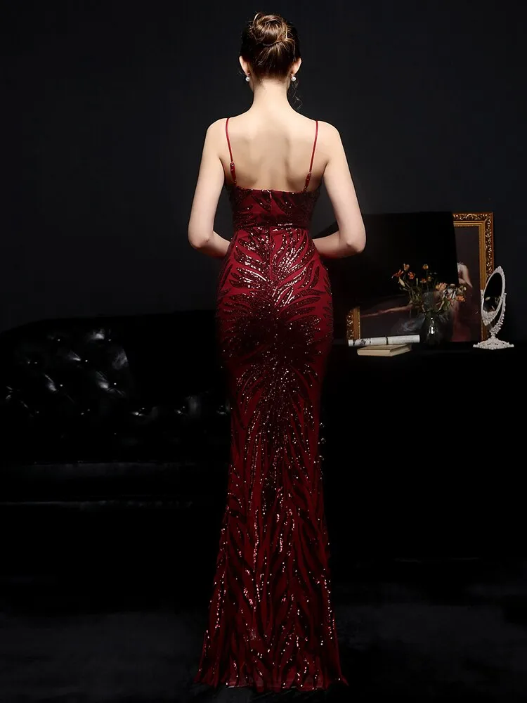 Women Strap Maxi Party Gown Sexy V Neck Sequin Prom Dress