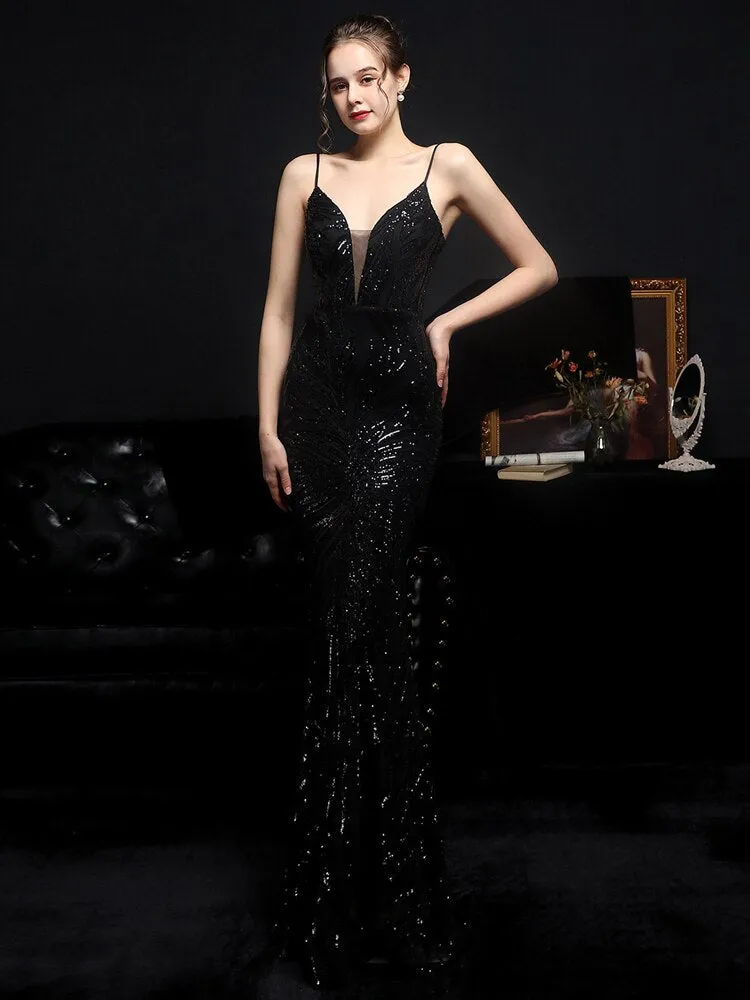 Women Strap Maxi Party Gown Sexy V Neck Sequin Prom Dress