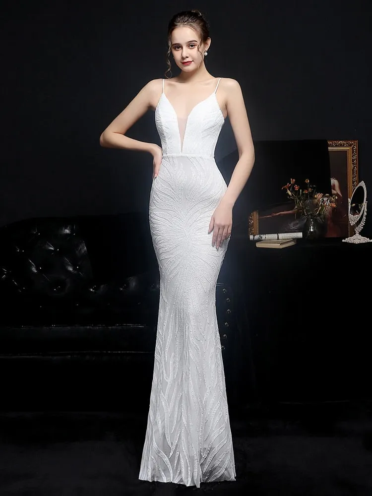 Women Strap Maxi Party Gown Sexy V Neck Sequin Prom Dress