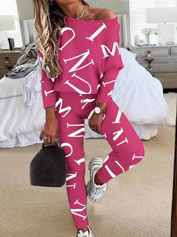 Women's Stylish Black and White Letter Print Lounge Set with Crew Neck Top and Slim Pants