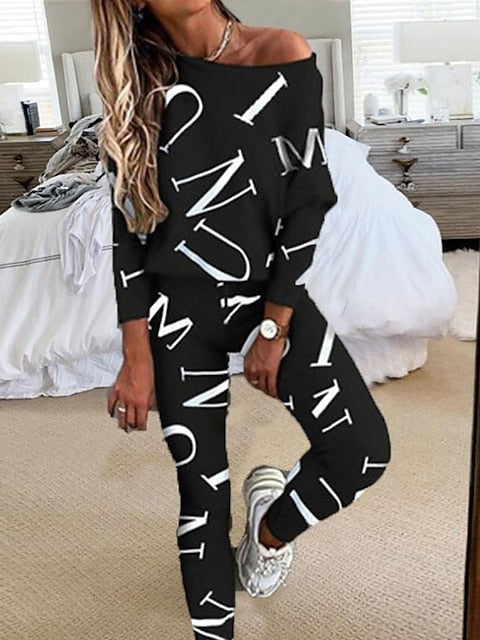 Women's Stylish Black and White Letter Print Lounge Set with Crew Neck Top and Slim Pants